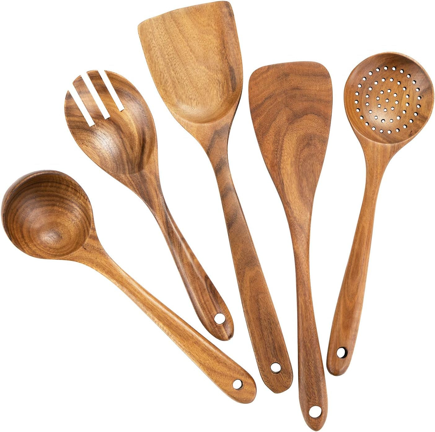 10 Pack Wooden Utensils for Cooking, Wood Utensil Set for Kitchen, Teak Wooden Spoon for Cooking, Non-Stick Spatula Ladle