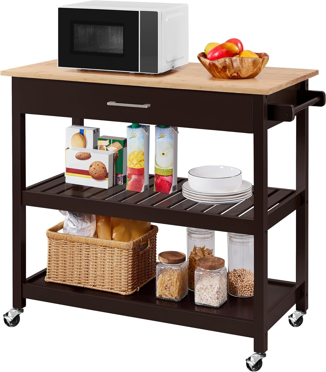 40" Width Kitchen Island Cart on Wheels, 3 Tiers Rolling Utility Cart with Solid Wood Top and Drawer & 2 Spacious Storage Shelf, Serving Trolley for Dining Room, White
