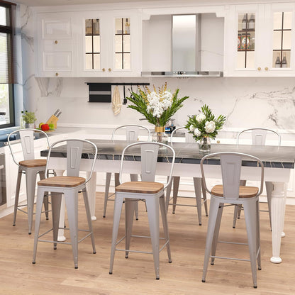 Metal Bar Stools Set of 4,24 Inch Barstools Counter Height Bar Stool with Backs Farmhouse Bar Stools with Larger Seat High Back Kitchen Dining Chairs Modern Bar Chairs 24" Silver Stool