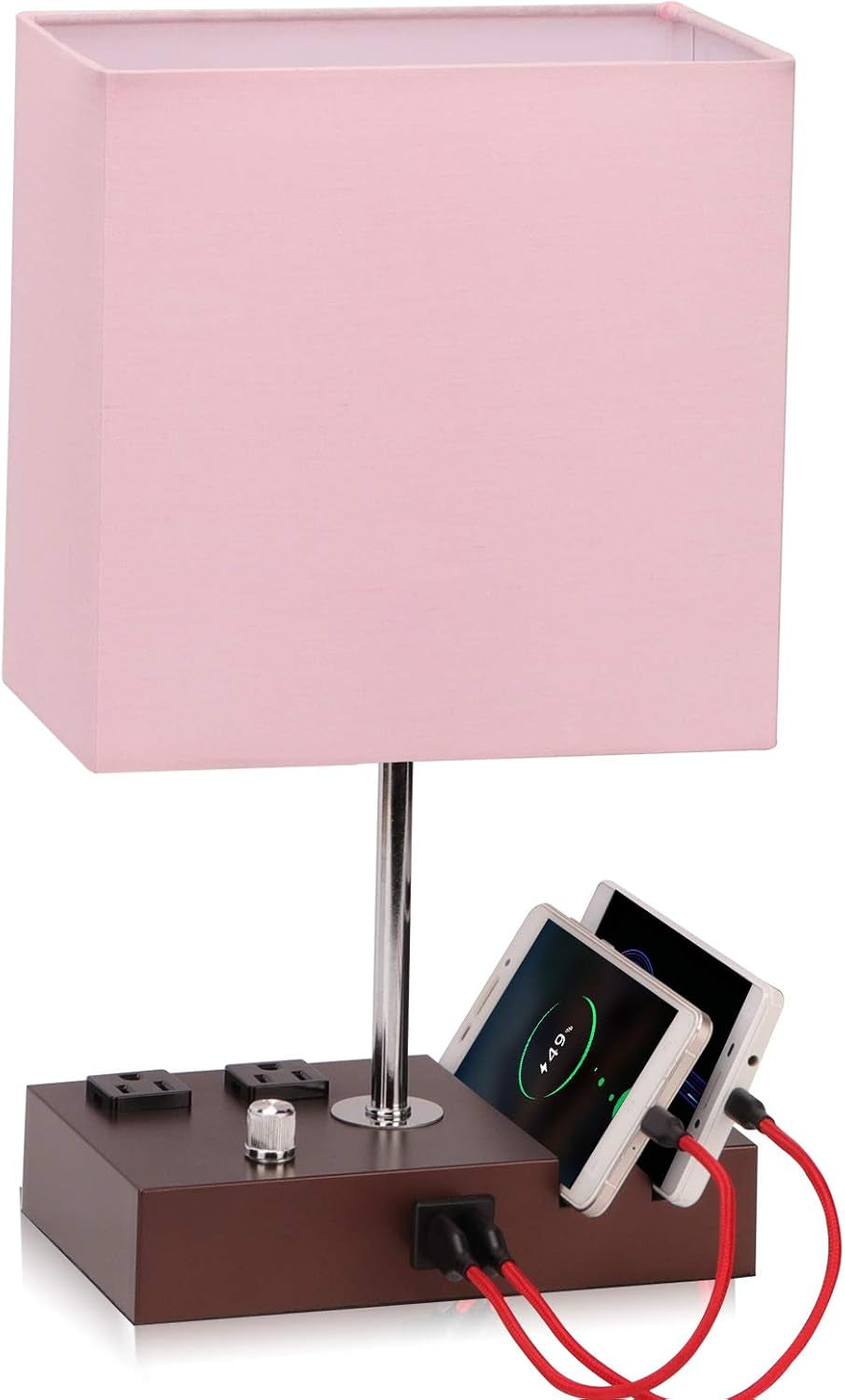 Fully Dimmable Table Lamp for Bedroom Dual USB Port Bedside Lamp for Nightstand Desk Lamps with Charging Station 2 Power Outlets, Fabric Lampshade LED Bulb Included (Mocha/Pink)