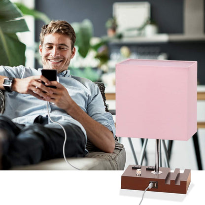 Fully Dimmable Table Lamp for Bedroom Dual USB Port Bedside Lamp for Nightstand Desk Lamps with Charging Station 2 Power Outlets, Fabric Lampshade LED Bulb Included (Mocha/Pink)