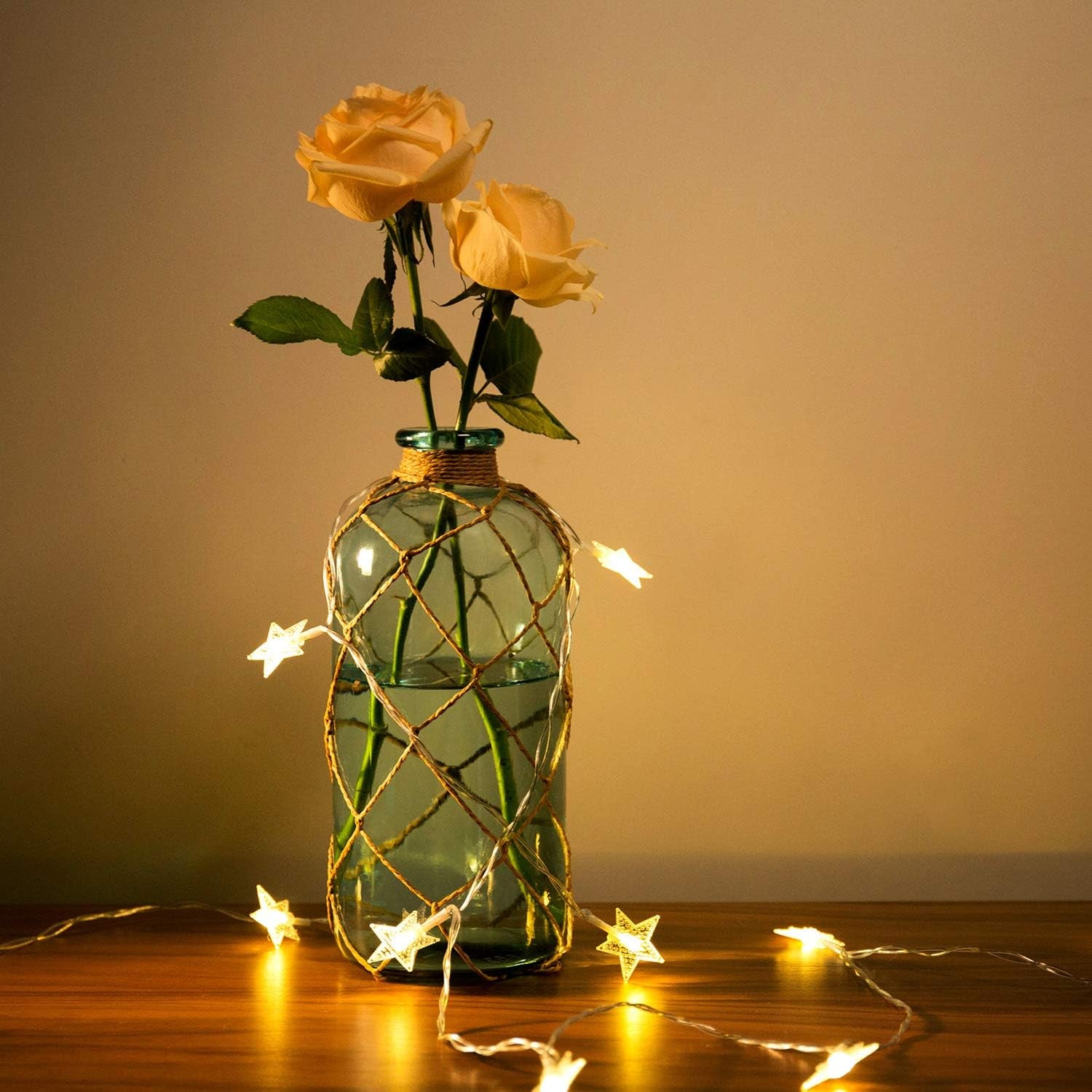 Rustic Glass Bottle Vase Decorative Blue Flower Vase with Creative Rope Net (Large)