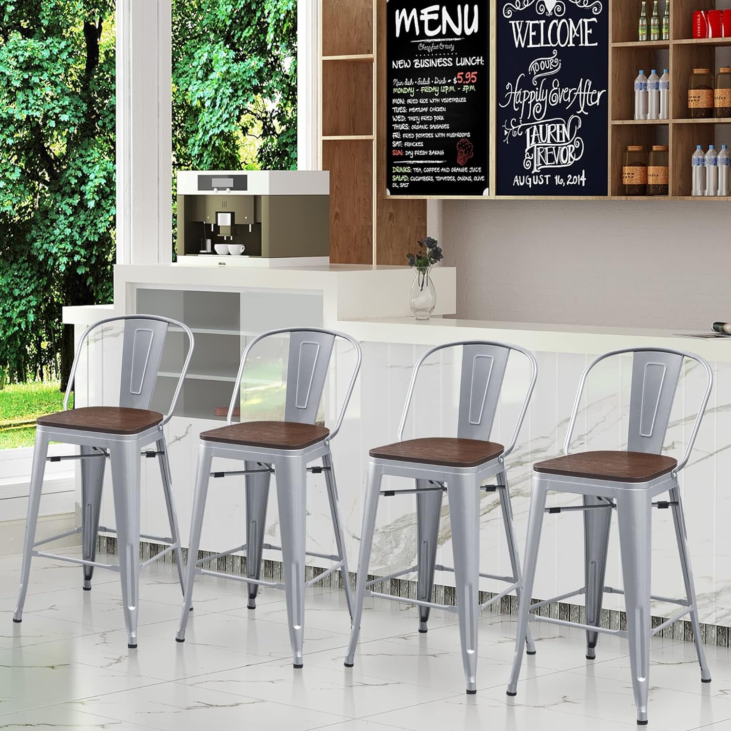 Metal Bar Stools Set of 4,24 Inch Barstools Counter Height Bar Stool with Backs Farmhouse Bar Stools with Larger Seat High Back Kitchen Dining Chairs Modern Bar Chairs 24" Silver Stool