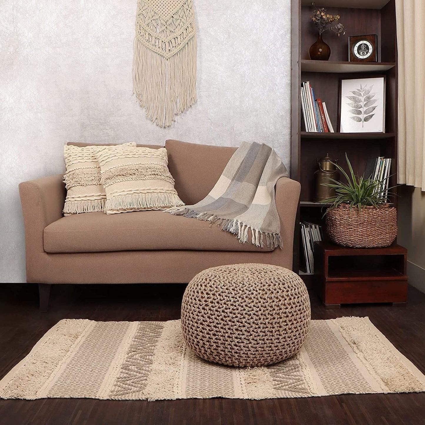 round Pouf Foot Stool Bean Bag Ottoman - Knit Braided Cord Boho Pouffe Poof Accent Beanbag Chair Footrest for the Living Room, Bedroom, Nursery, Patio, Lounge 19.5X19.5X14; Beige Ivory
