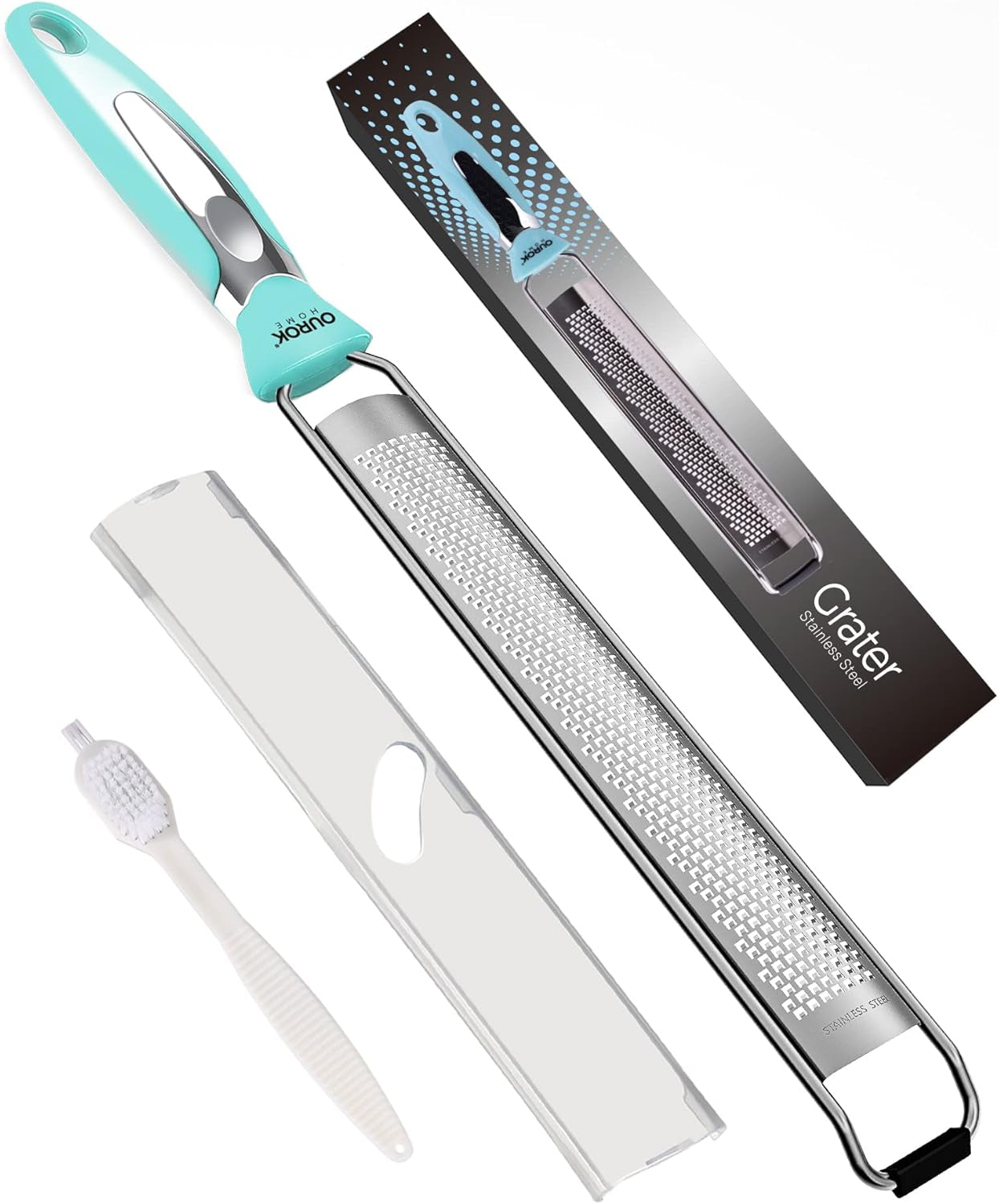 Kitchen Lemon Zester, Stainless Steel Hand Held Parmesan Cheese Grater for Ginger, Chocolate, Coconut, Lime, Nutmeg, Citrus, Fruit, Vegetable with Cleaning Brush, Dishwasher Safe, Black