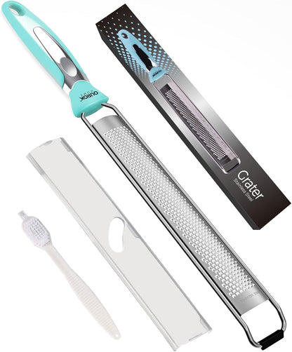 Kitchen Lemon Zester, Stainless Steel Hand Held Parmesan Cheese Grater for Ginger, Chocolate, Coconut, Lime, Nutmeg, Citrus, Fruit, Vegetable with Cleaning Brush, Dishwasher Safe, Black