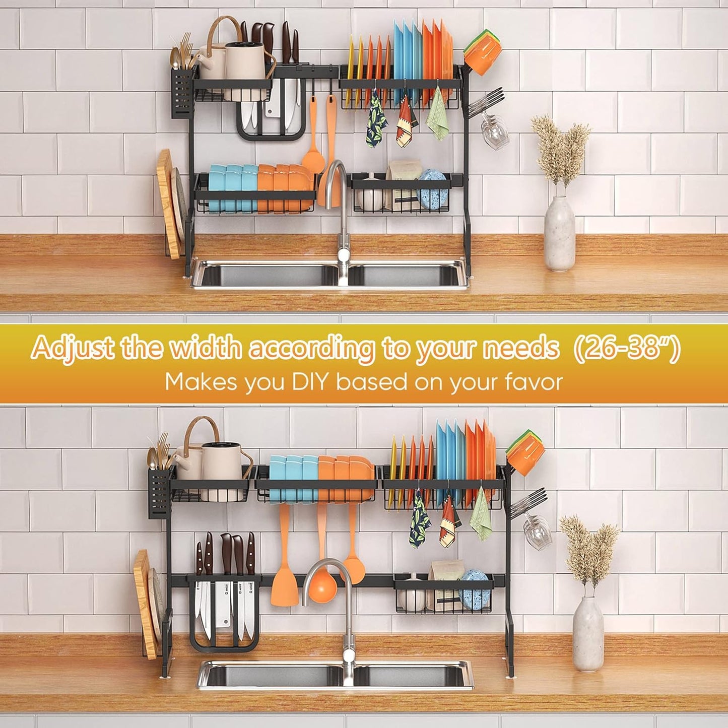 over Sink Dish Drying Rack Stainless Steel, Adjustable Large Dish Drainer for Storage Kitchen Organization Black 2 Tier - Standard(26"-38")