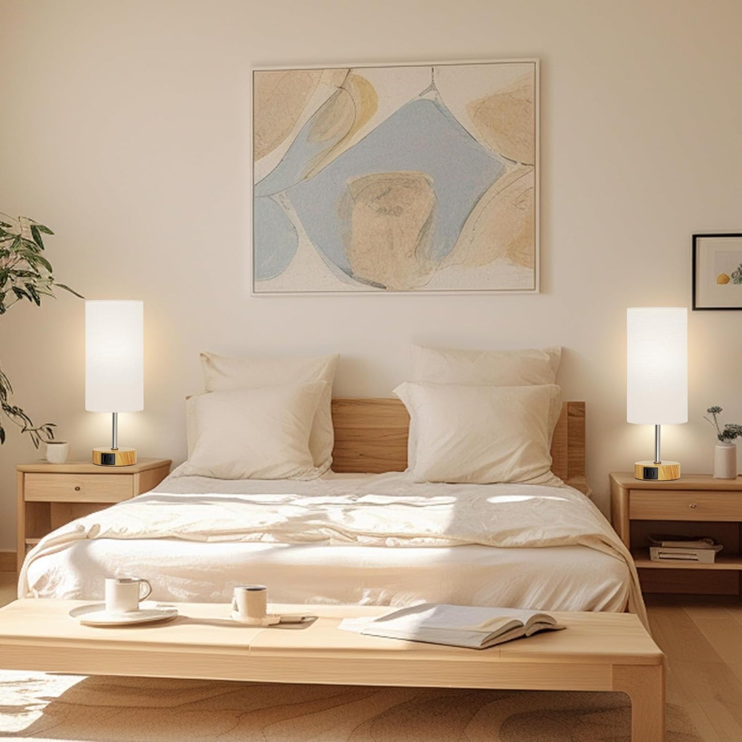 12.8" Touch Control Table Lamp, 3-Way Dimmable Small Bedside Nightstand Lamp with 2 USB Ports, Modern Table Lamp with 5000K Daylight LED Bulb for Living Room (2 Pack)