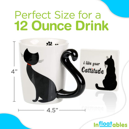 Cat Mug and Coaster Set - Little Black Cat Mug with Ceramic Coaster - 3D Novelty Coffee Mug with Tail Cat Handle - Cute Birthday Gift