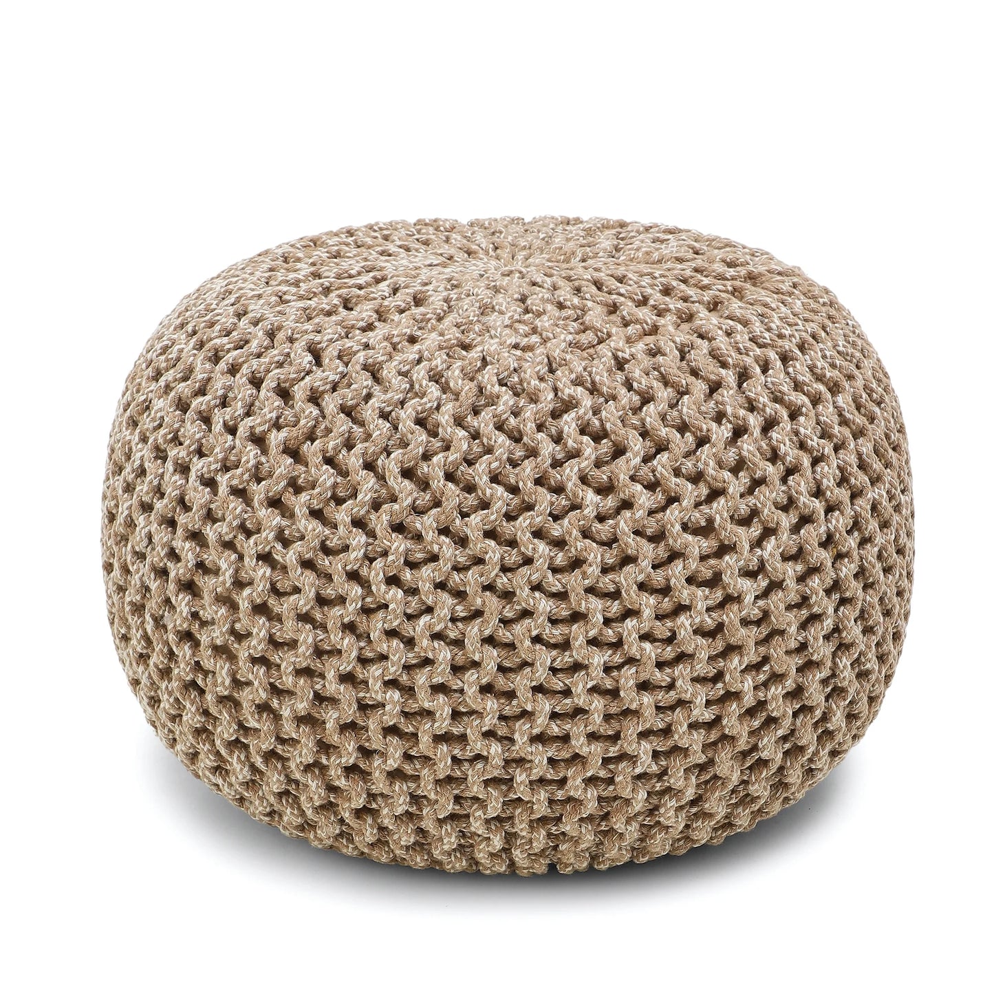 round Pouf Foot Stool Bean Bag Ottoman - Knit Braided Cord Boho Pouffe Poof Accent Beanbag Chair Footrest for the Living Room, Bedroom, Nursery, Patio, Lounge 19.5X19.5X14; Beige Ivory
