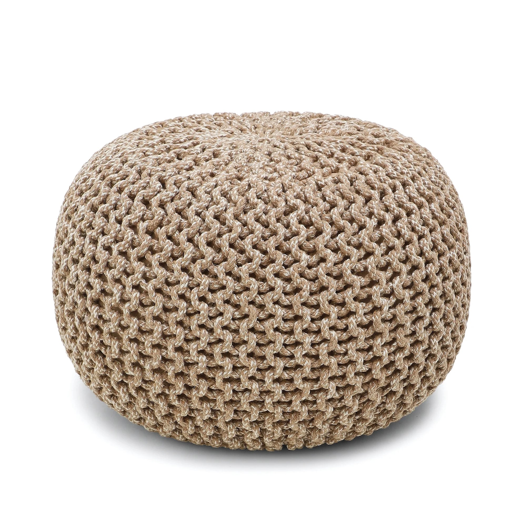 round Pouf Foot Stool Bean Bag Ottoman - Knit Braided Cord Boho Pouffe Poof Accent Beanbag Chair Footrest for the Living Room, Bedroom, Nursery, Patio, Lounge 19.5X19.5X14; Beige Ivory