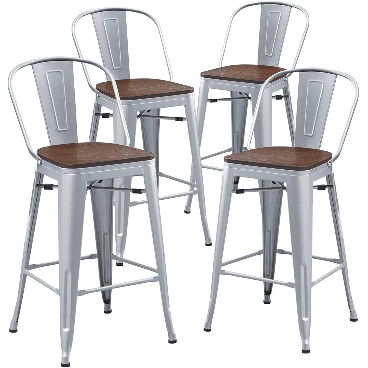 Metal Bar Stools Set of 4,24 Inch Barstools Counter Height Bar Stool with Backs Farmhouse Bar Stools with Larger Seat High Back Kitchen Dining Chairs Modern Bar Chairs 24" Silver Stool