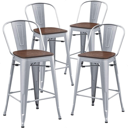 Metal Bar Stools Set of 4,24 Inch Barstools Counter Height Bar Stool with Backs Farmhouse Bar Stools with Larger Seat High Back Kitchen Dining Chairs Modern Bar Chairs 24" Silver Stool
