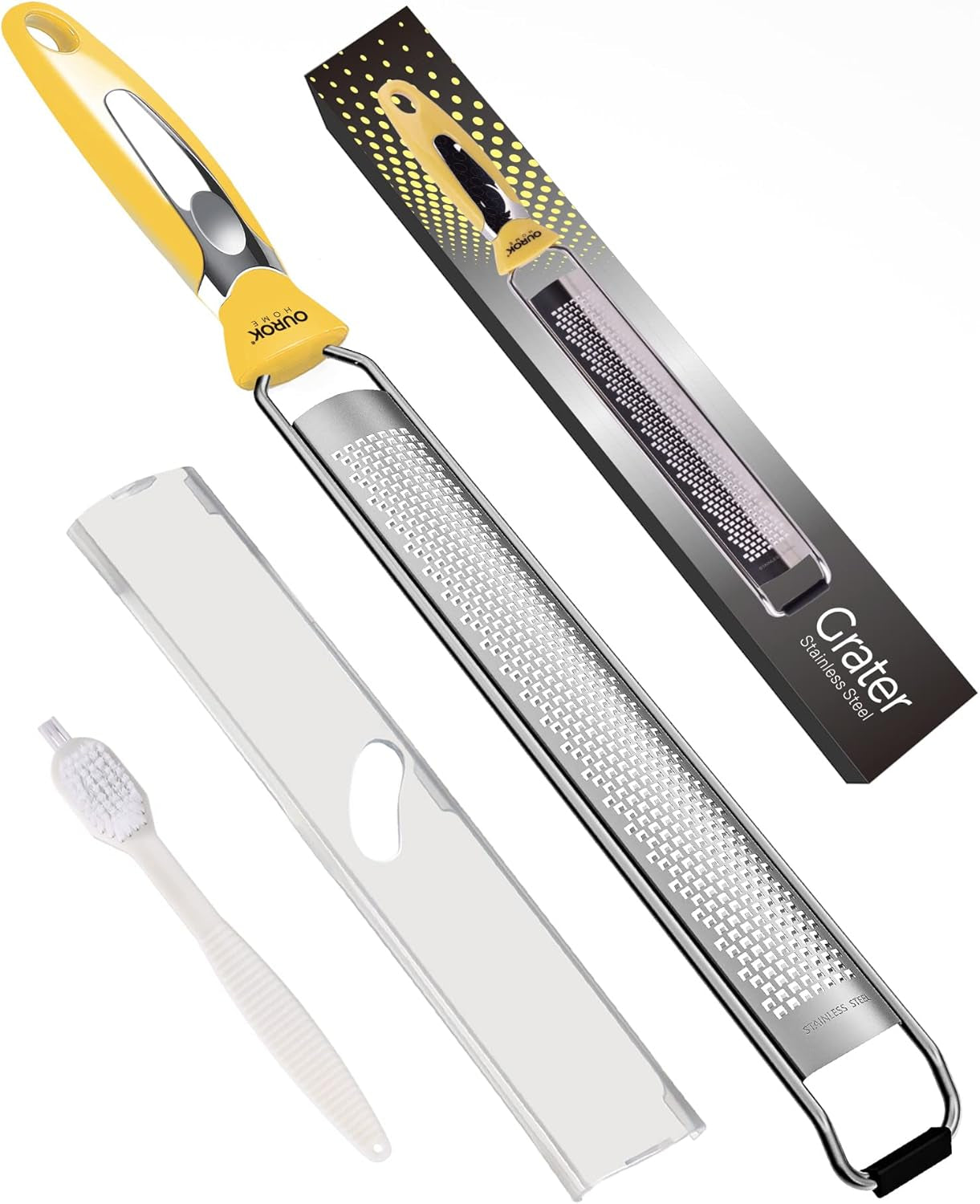 Kitchen Lemon Zester, Stainless Steel Hand Held Parmesan Cheese Grater for Ginger, Chocolate, Coconut, Lime, Nutmeg, Citrus, Fruit, Vegetable with Cleaning Brush, Dishwasher Safe, Black