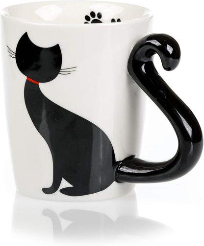 Cat Mug and Coaster Set - Little Black Cat Mug with Ceramic Coaster - 3D Novelty Coffee Mug with Tail Cat Handle - Cute Birthday Gift