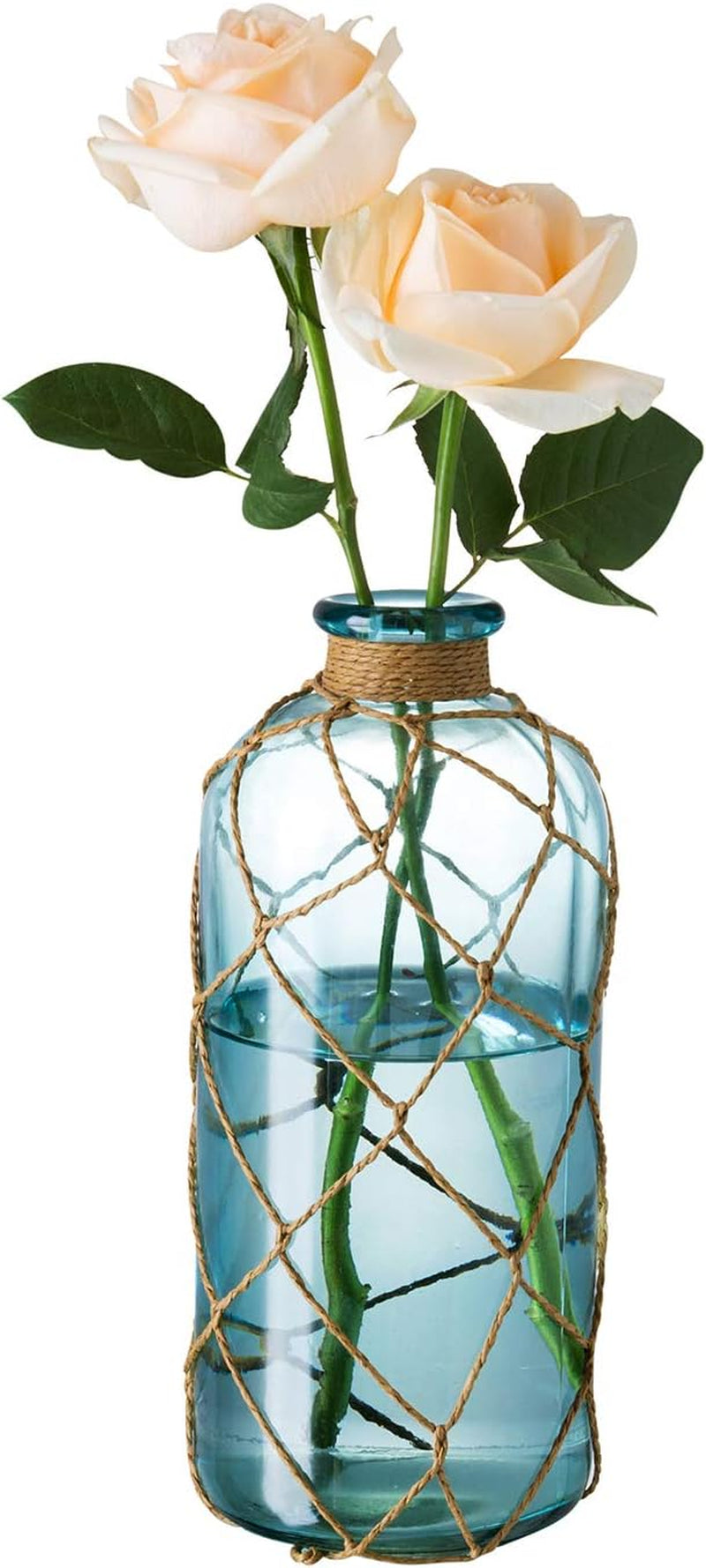 Rustic Glass Bottle Vase Decorative Blue Flower Vase with Creative Rope Net (Large)