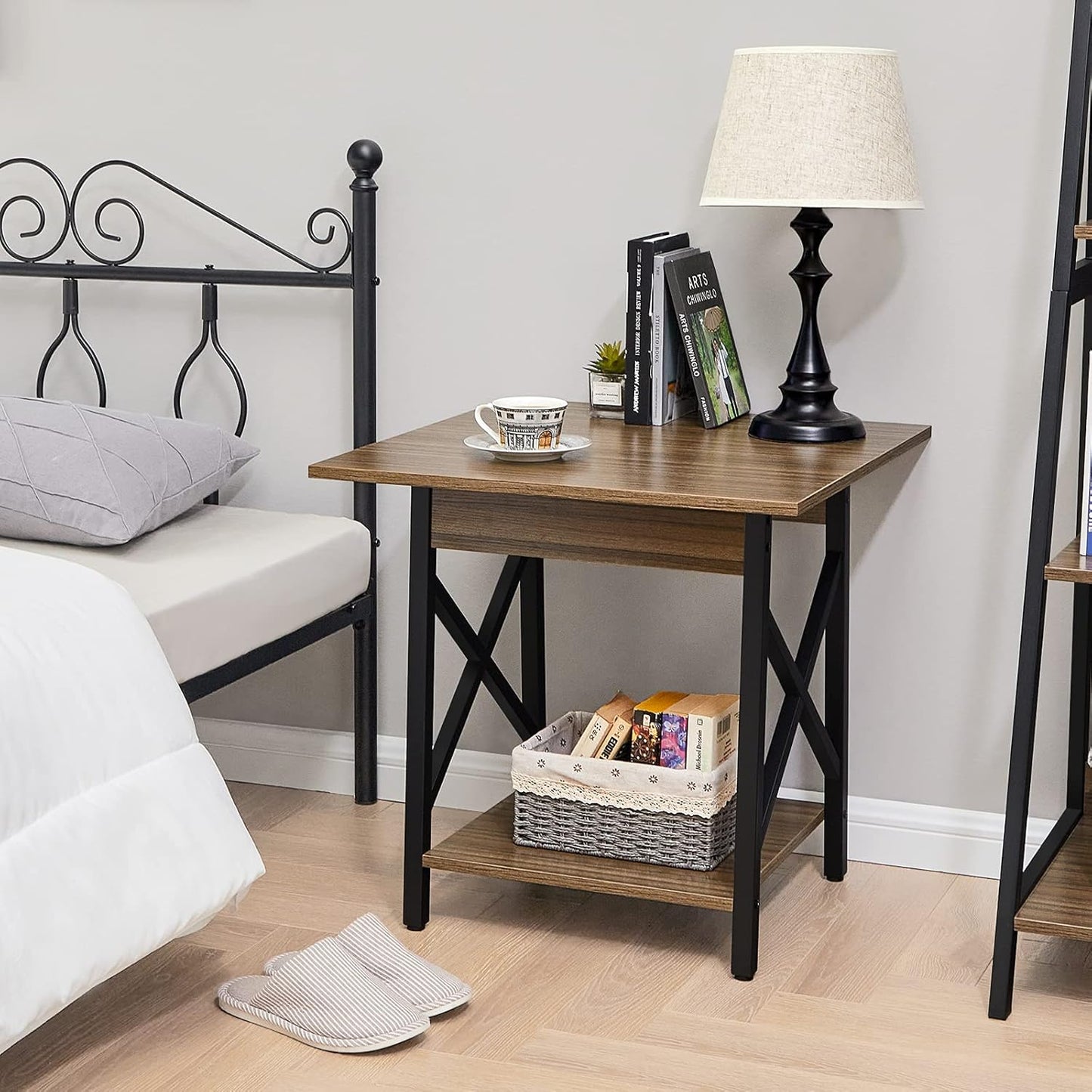 End Table Large 24 Inch Farmhouse Industrial Design Side Table Nightstand with Storage Shelf for Living Room, Easy Assembly, Espresso