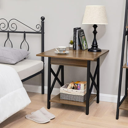 End Table Large 24 Inch Farmhouse Industrial Design Side Table Nightstand with Storage Shelf for Living Room, Easy Assembly, Espresso