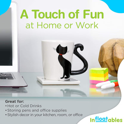 Cat Mug and Coaster Set - Little Black Cat Mug with Ceramic Coaster - 3D Novelty Coffee Mug with Tail Cat Handle - Cute Birthday Gift