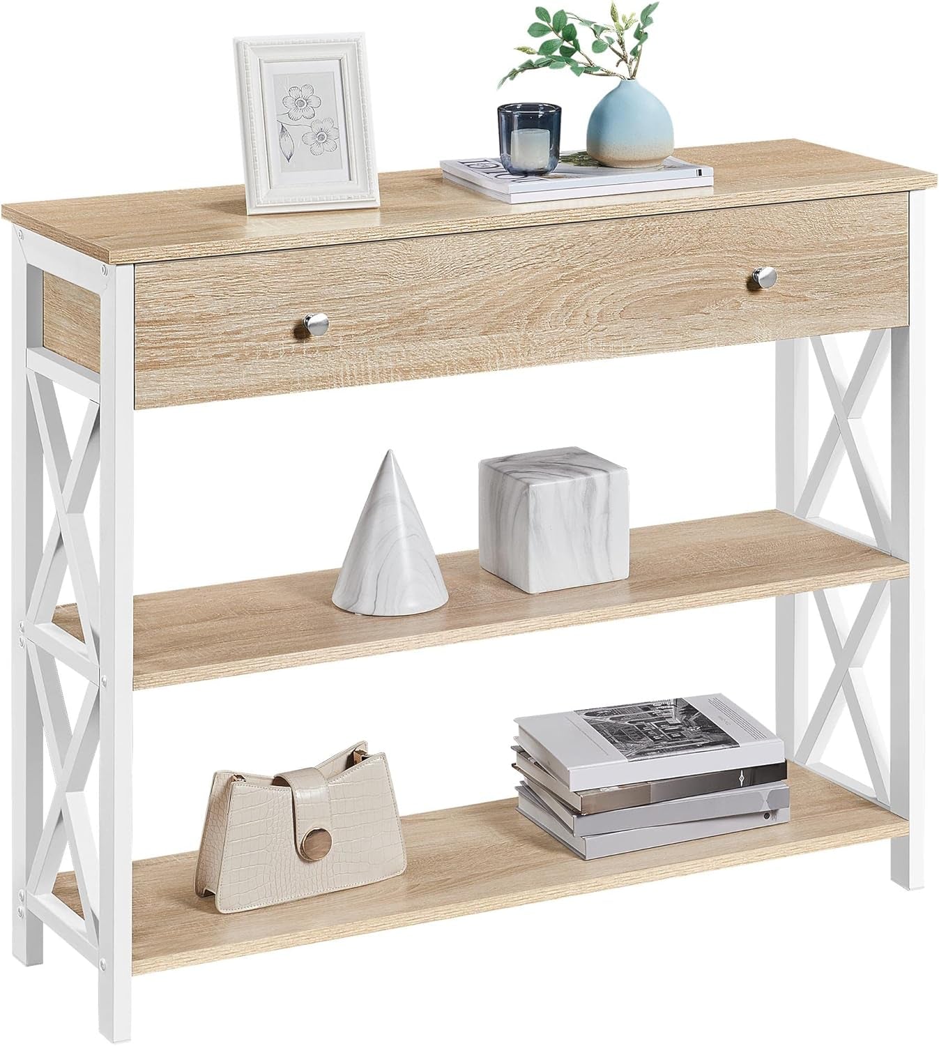 Console Table with Drawer, Entryway Table with 3 Tier Storage Shelves, Narrow Long Sofa Table for Entryway, Living Room, Hallway, Couch, Kitchen, Metal Frame, Gray