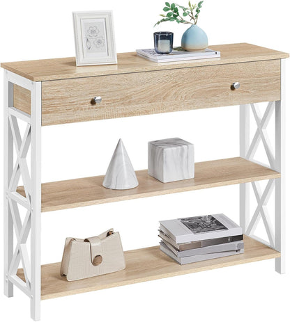 Console Table with Drawer, Entryway Table with 3 Tier Storage Shelves, Narrow Long Sofa Table for Entryway, Living Room, Hallway, Couch, Kitchen, Metal Frame, Gray