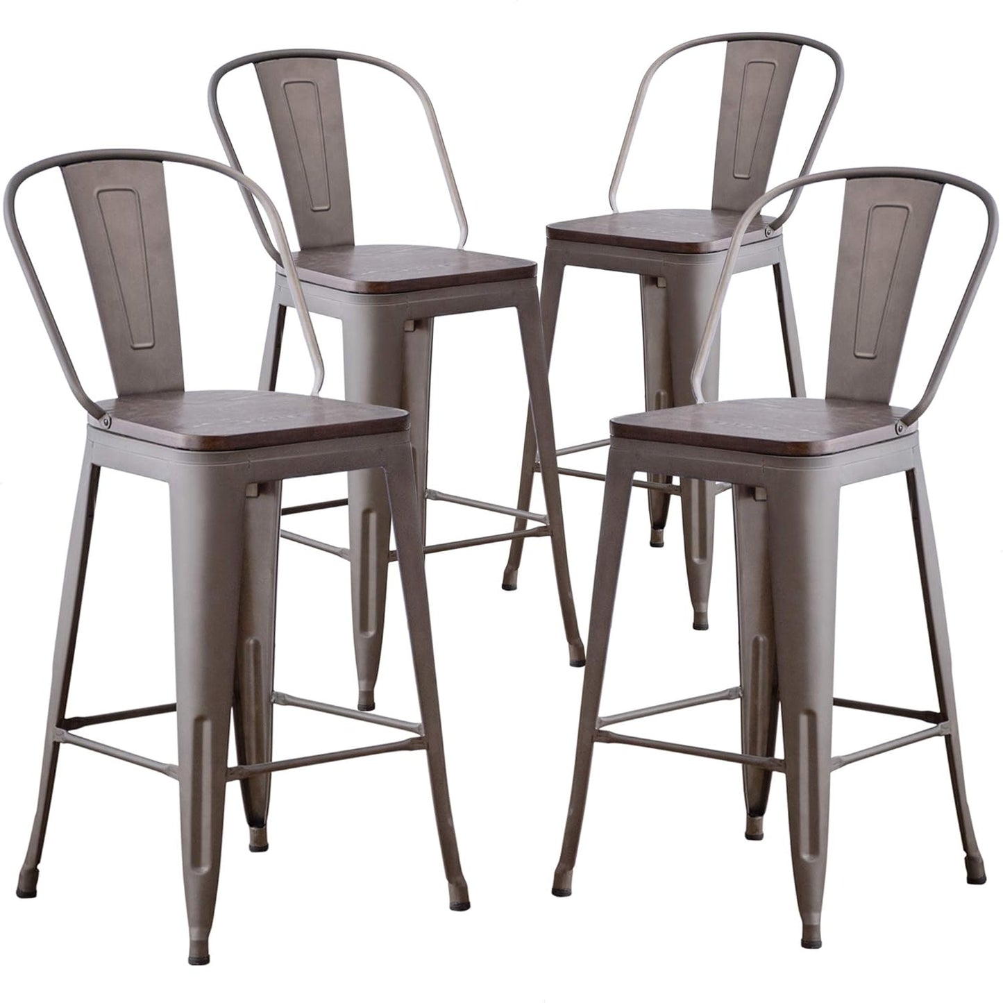 Metal Bar Stools Set of 4,24 Inch Barstools Counter Height Bar Stool with Backs Farmhouse Bar Stools with Larger Seat High Back Kitchen Dining Chairs Modern Bar Chairs 24" Silver Stool