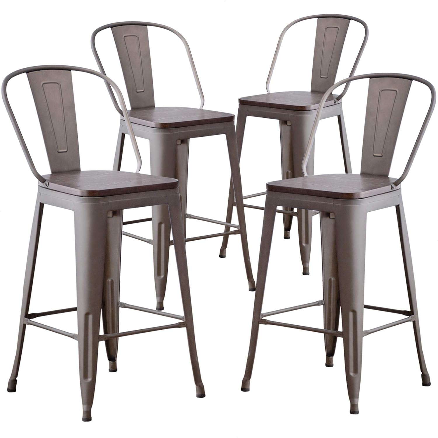 Metal Bar Stools Set of 4,24 Inch Barstools Counter Height Bar Stool with Backs Farmhouse Bar Stools with Larger Seat High Back Kitchen Dining Chairs Modern Bar Chairs 24" Silver Stool