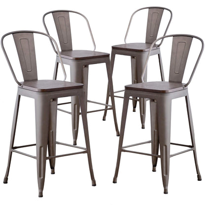Metal Bar Stools Set of 4,24 Inch Barstools Counter Height Bar Stool with Backs Farmhouse Bar Stools with Larger Seat High Back Kitchen Dining Chairs Modern Bar Chairs 24" Silver Stool