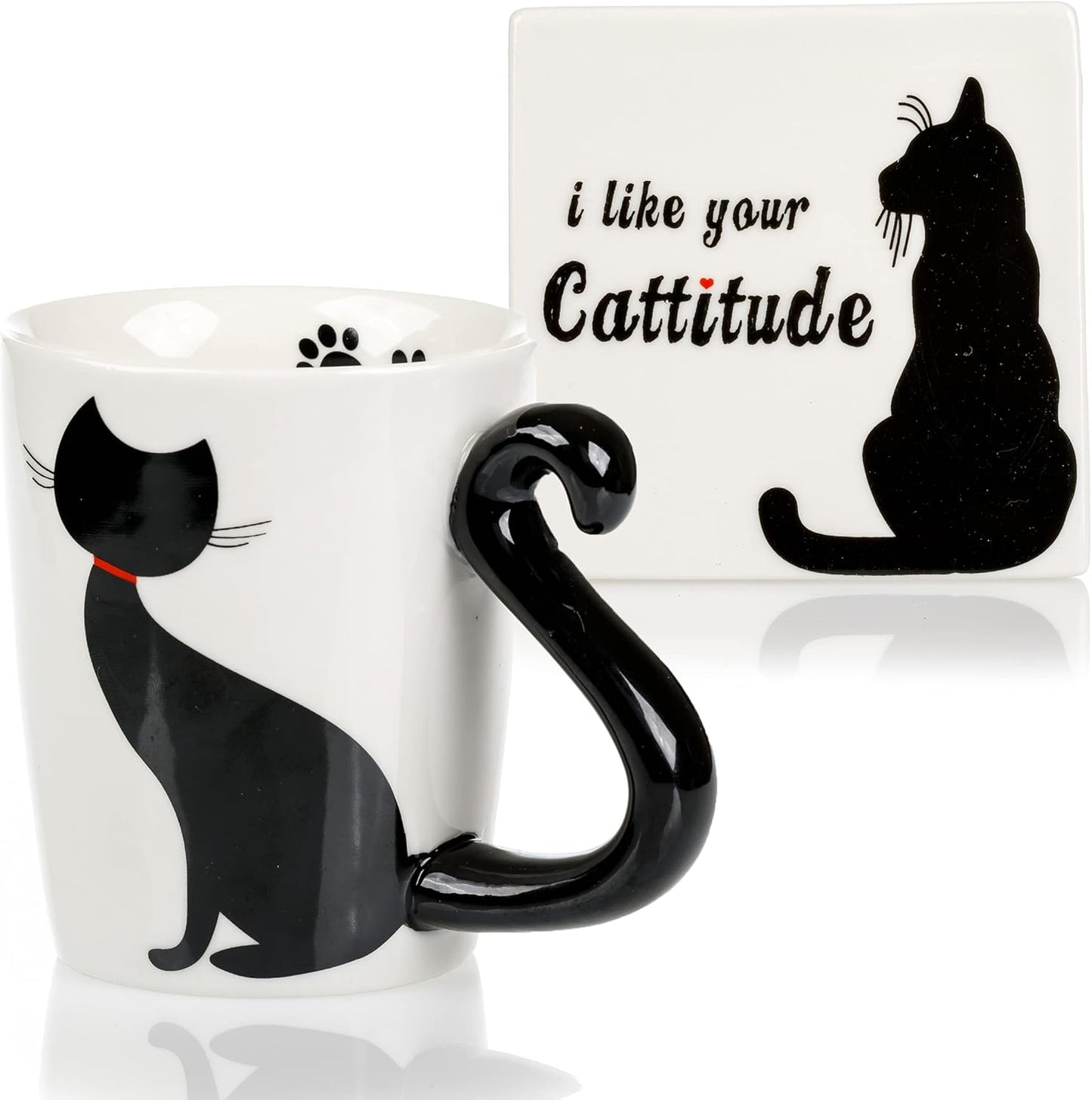 Cat Mug and Coaster Set - Little Black Cat Mug with Ceramic Coaster - 3D Novelty Coffee Mug with Tail Cat Handle - Cute Birthday Gift