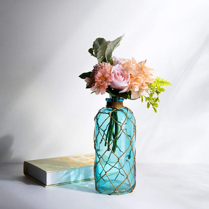 Rustic Glass Bottle Vase Decorative Blue Flower Vase with Creative Rope Net (Large)