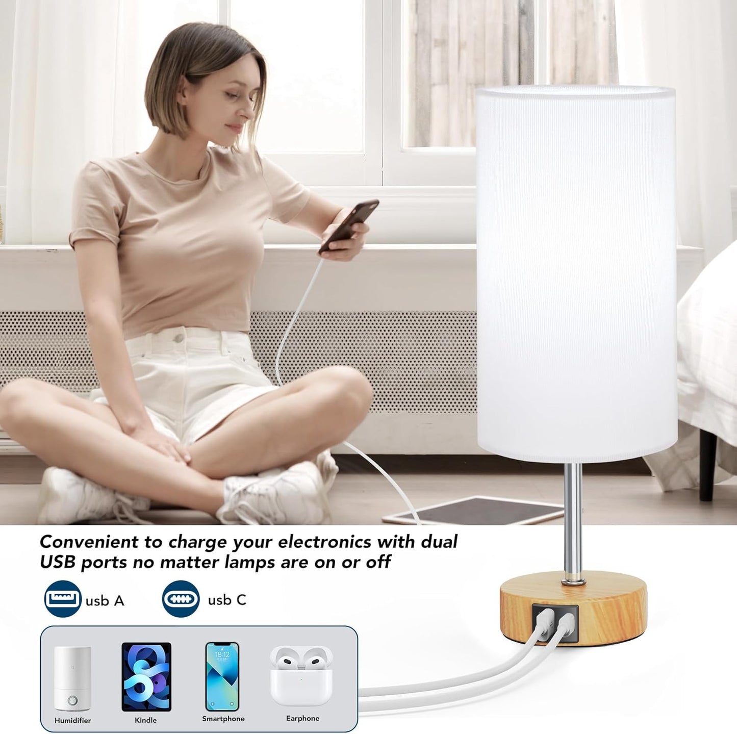 12.8" Touch Control Table Lamp, 3-Way Dimmable Small Bedside Nightstand Lamp with 2 USB Ports, Modern Table Lamp with 5000K Daylight LED Bulb for Living Room (2 Pack)