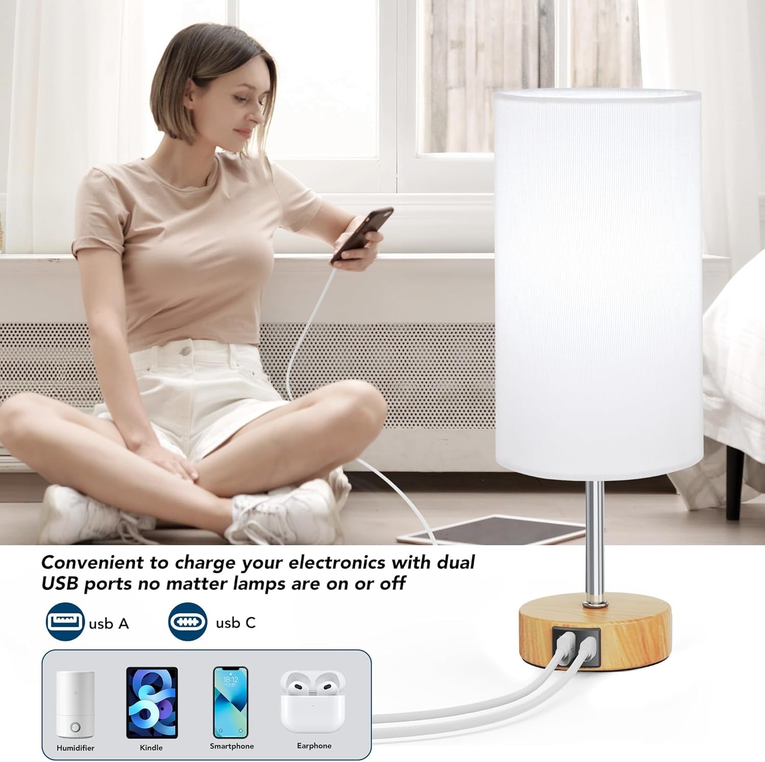 12.8" Touch Control Table Lamp, 3-Way Dimmable Small Bedside Nightstand Lamp with 2 USB Ports, Modern Table Lamp with 5000K Daylight LED Bulb for Living Room (2 Pack)