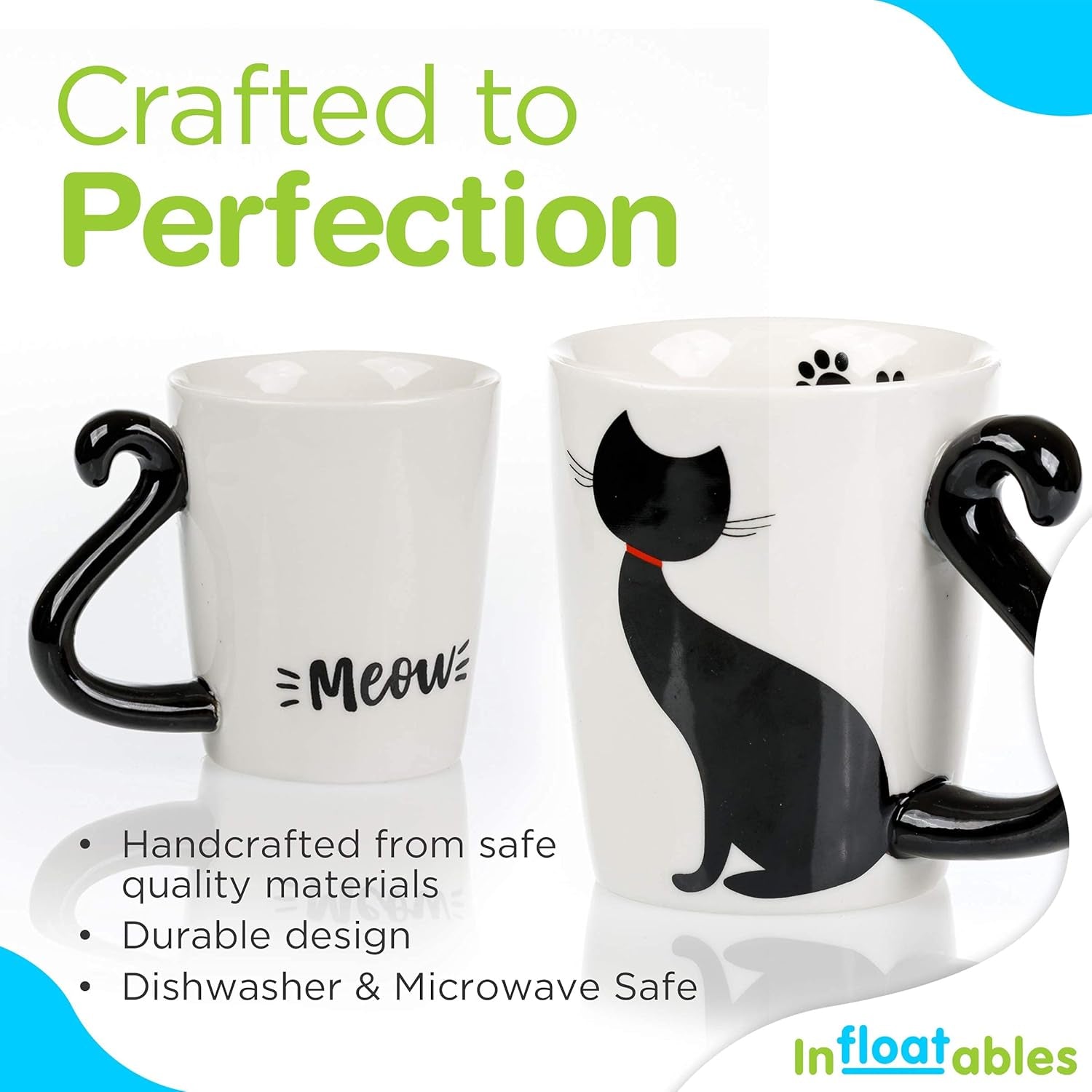 Cat Mug and Coaster Set - Little Black Cat Mug with Ceramic Coaster - 3D Novelty Coffee Mug with Tail Cat Handle - Cute Birthday Gift