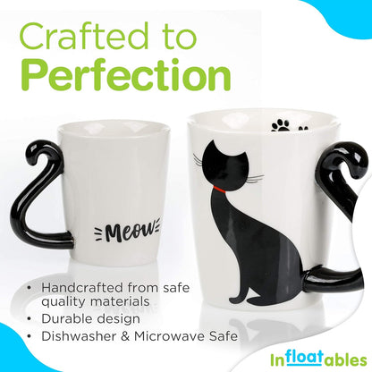 Cat Mug and Coaster Set - Little Black Cat Mug with Ceramic Coaster - 3D Novelty Coffee Mug with Tail Cat Handle - Cute Birthday Gift