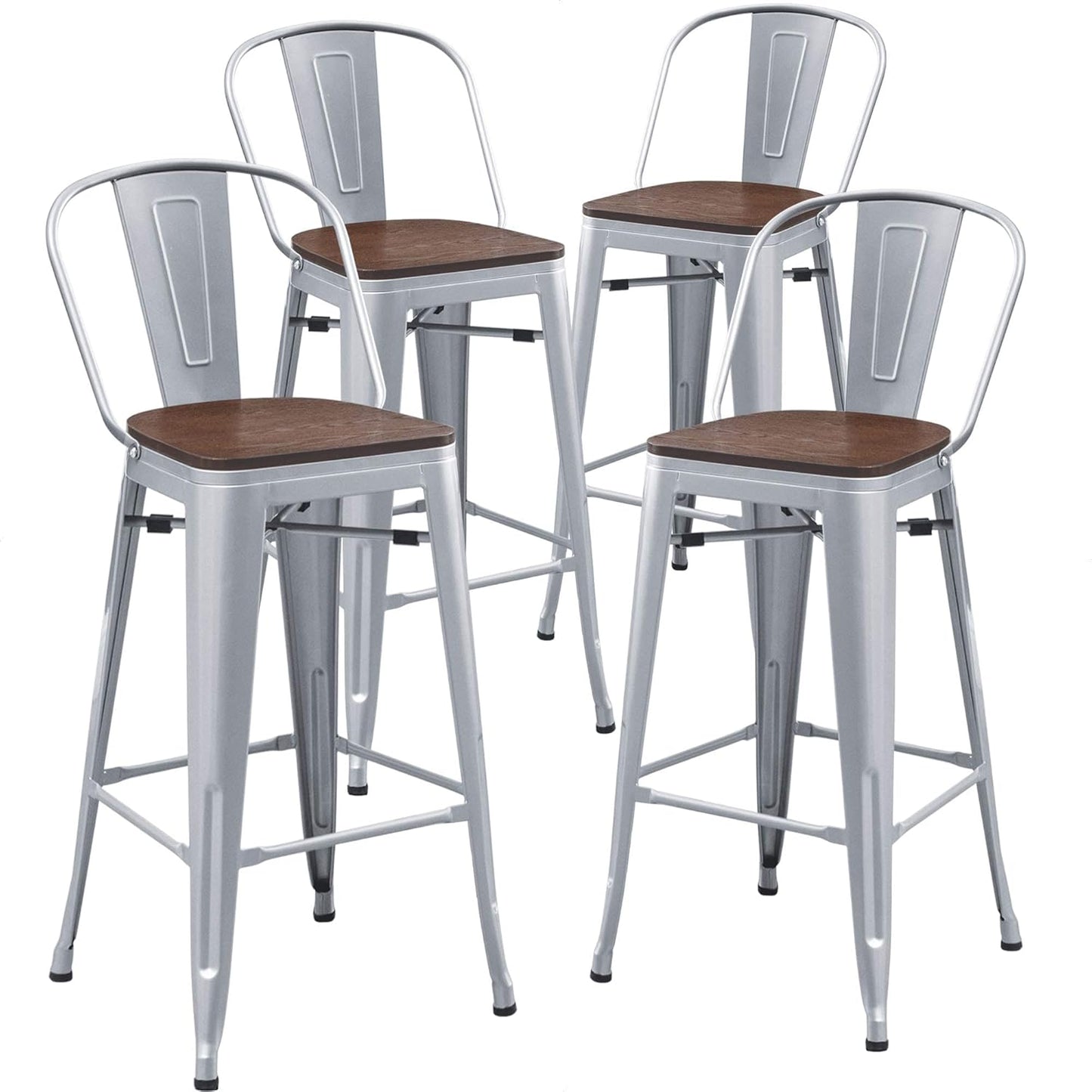 Metal Bar Stools Set of 4,24 Inch Barstools Counter Height Bar Stool with Backs Farmhouse Bar Stools with Larger Seat High Back Kitchen Dining Chairs Modern Bar Chairs 24" Silver Stool