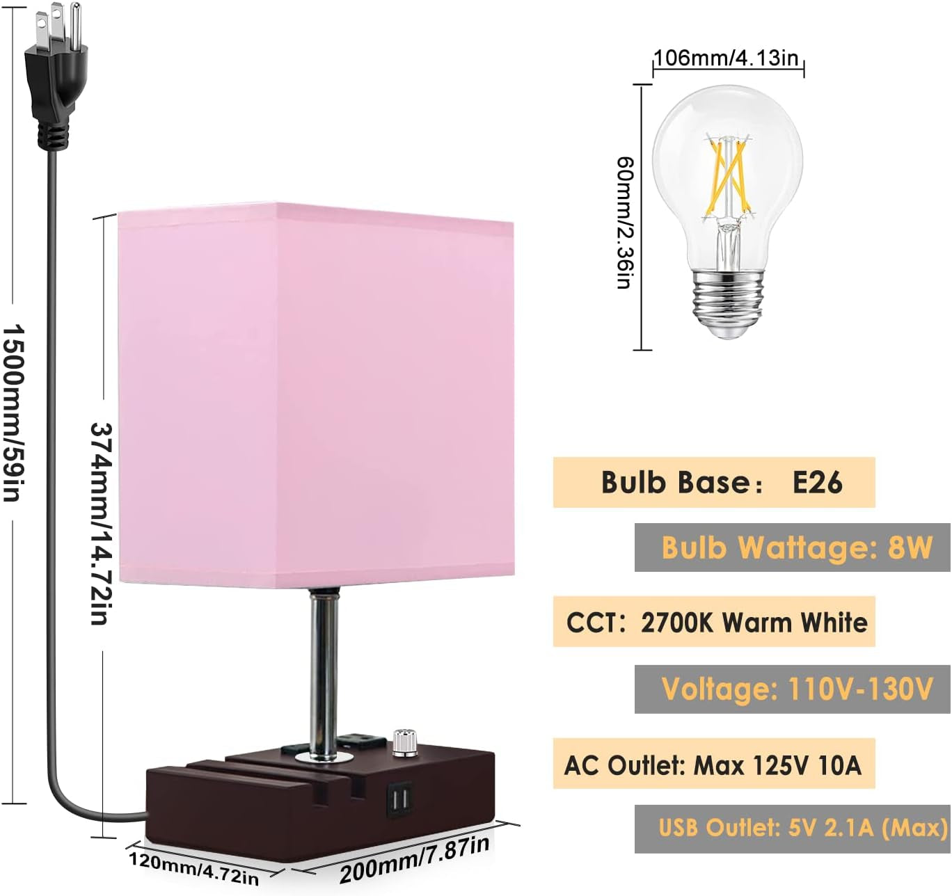 Fully Dimmable Table Lamp for Bedroom Dual USB Port Bedside Lamp for Nightstand Desk Lamps with Charging Station 2 Power Outlets, Fabric Lampshade LED Bulb Included (Mocha/Pink)