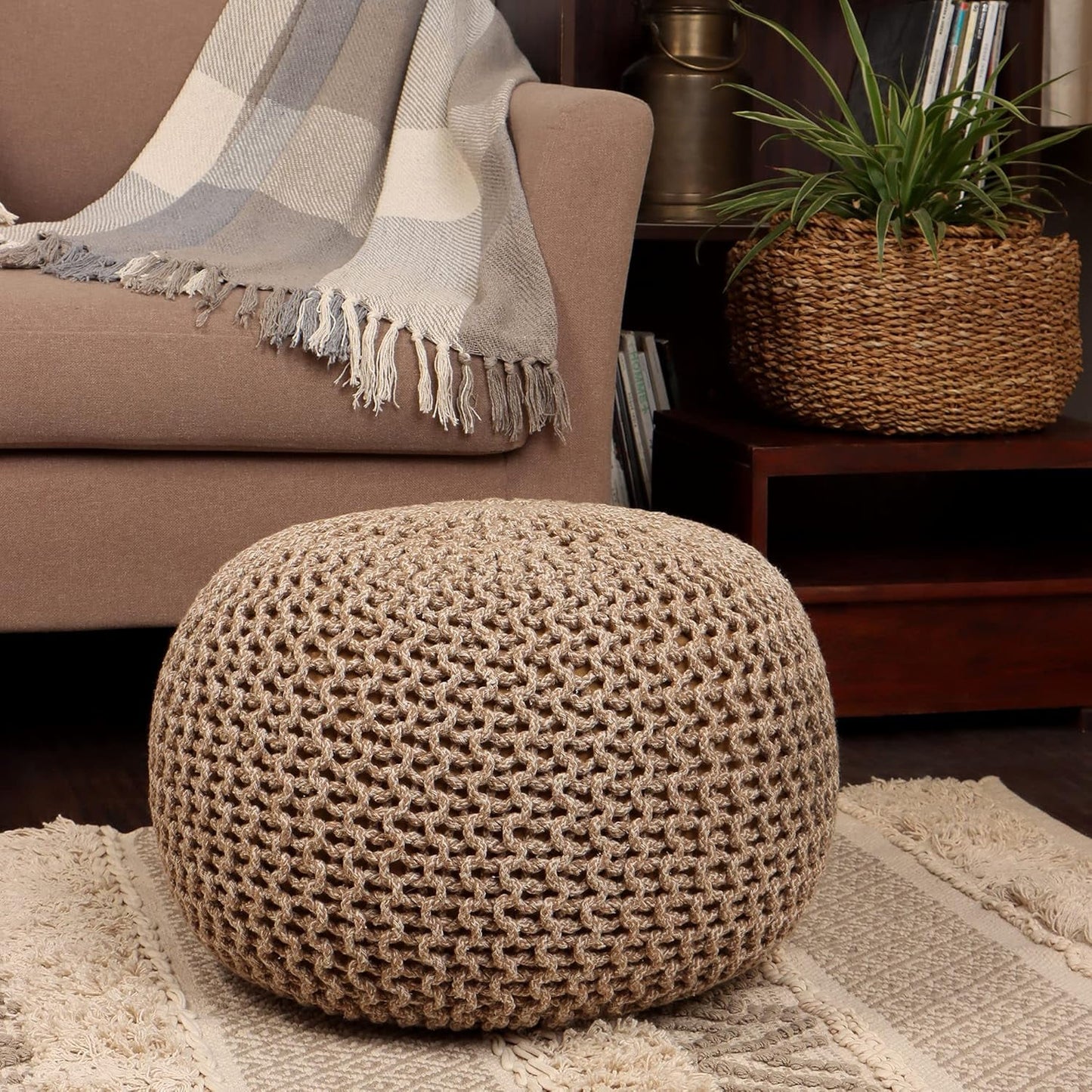 round Pouf Foot Stool Bean Bag Ottoman - Knit Braided Cord Boho Pouffe Poof Accent Beanbag Chair Footrest for the Living Room, Bedroom, Nursery, Patio, Lounge 19.5X19.5X14; Beige Ivory