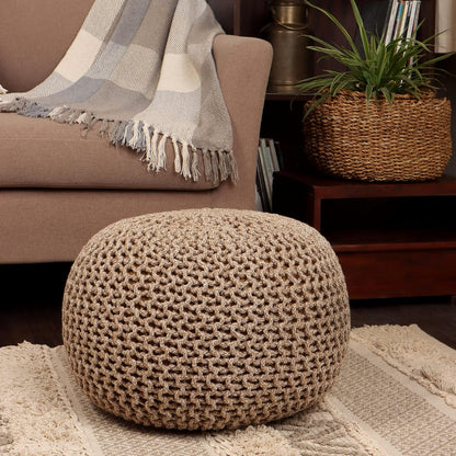 round Pouf Foot Stool Bean Bag Ottoman - Knit Braided Cord Boho Pouffe Poof Accent Beanbag Chair Footrest for the Living Room, Bedroom, Nursery, Patio, Lounge 19.5X19.5X14; Beige Ivory