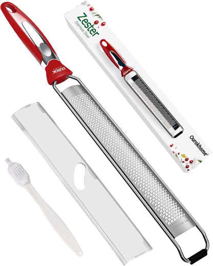 Kitchen Lemon Zester, Stainless Steel Hand Held Parmesan Cheese Grater for Ginger, Chocolate, Coconut, Lime, Nutmeg, Citrus, Fruit, Vegetable with Cleaning Brush, Dishwasher Safe, Black