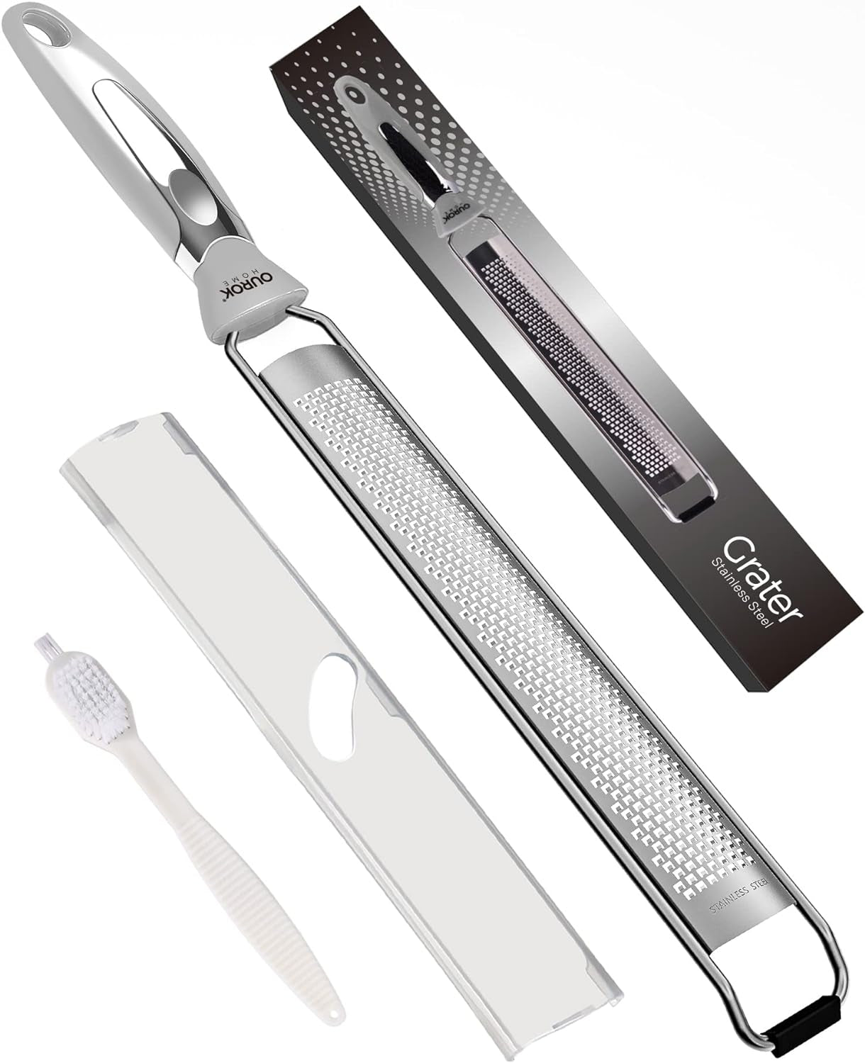 Kitchen Lemon Zester, Stainless Steel Hand Held Parmesan Cheese Grater for Ginger, Chocolate, Coconut, Lime, Nutmeg, Citrus, Fruit, Vegetable with Cleaning Brush, Dishwasher Safe, Black