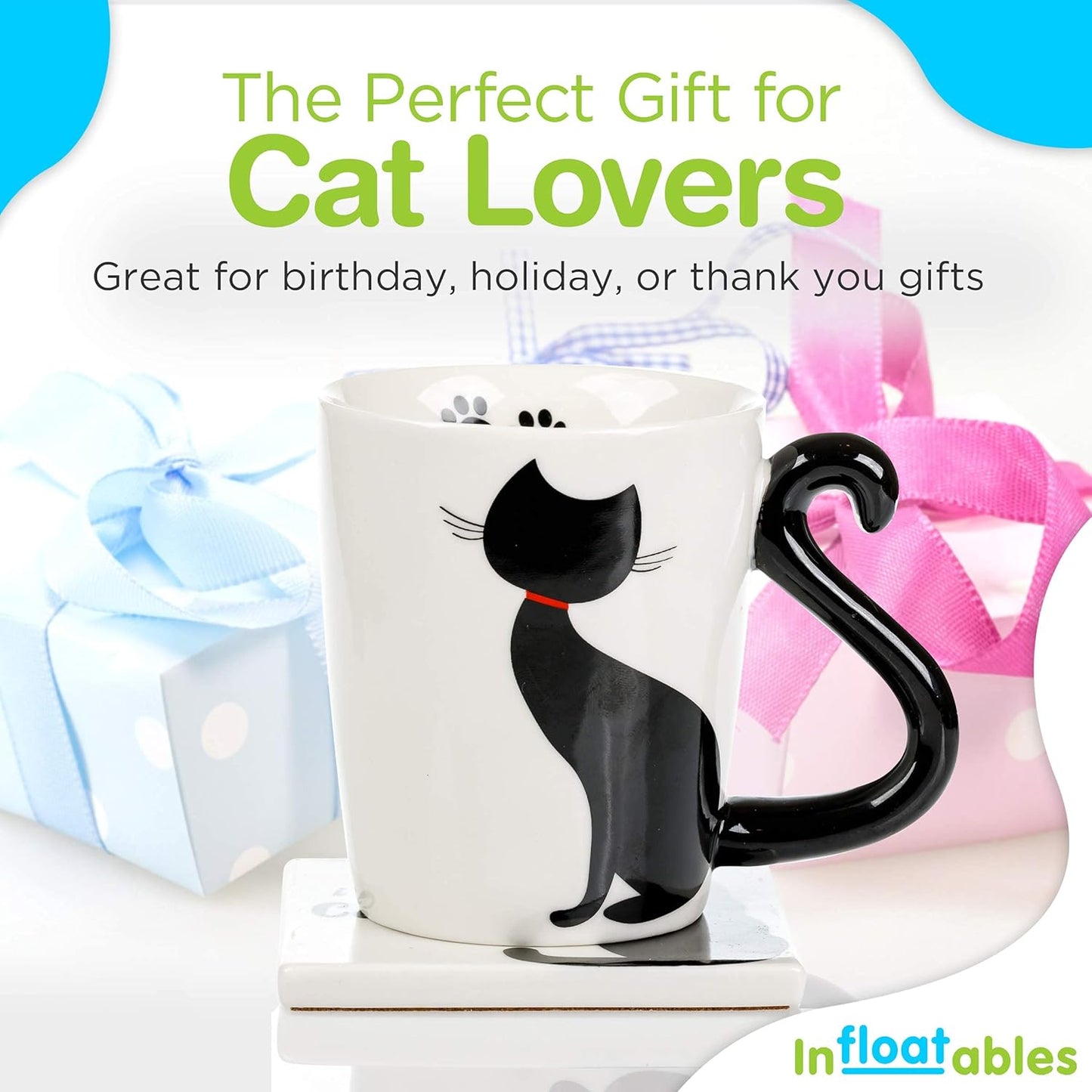 Cat Mug and Coaster Set - Little Black Cat Mug with Ceramic Coaster - 3D Novelty Coffee Mug with Tail Cat Handle - Cute Birthday Gift