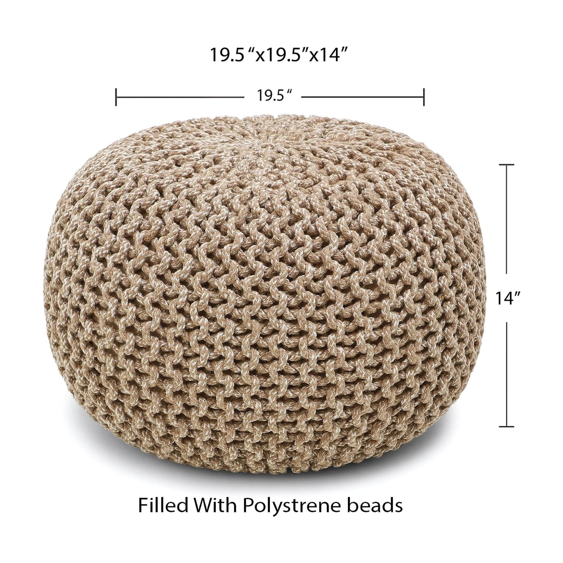 round Pouf Foot Stool Bean Bag Ottoman - Knit Braided Cord Boho Pouffe Poof Accent Beanbag Chair Footrest for the Living Room, Bedroom, Nursery, Patio, Lounge 19.5X19.5X14; Beige Ivory