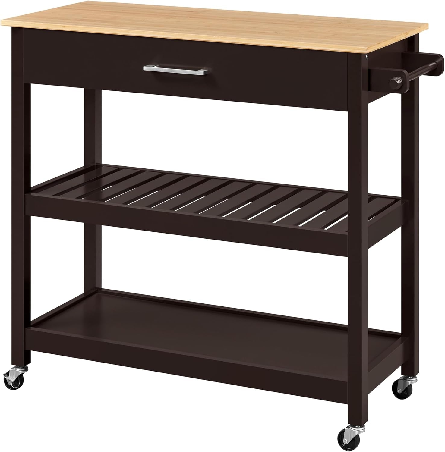 40" Width Kitchen Island Cart on Wheels, 3 Tiers Rolling Utility Cart with Solid Wood Top and Drawer & 2 Spacious Storage Shelf, Serving Trolley for Dining Room, White