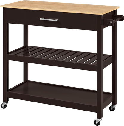 40" Width Kitchen Island Cart on Wheels, 3 Tiers Rolling Utility Cart with Solid Wood Top and Drawer & 2 Spacious Storage Shelf, Serving Trolley for Dining Room, White