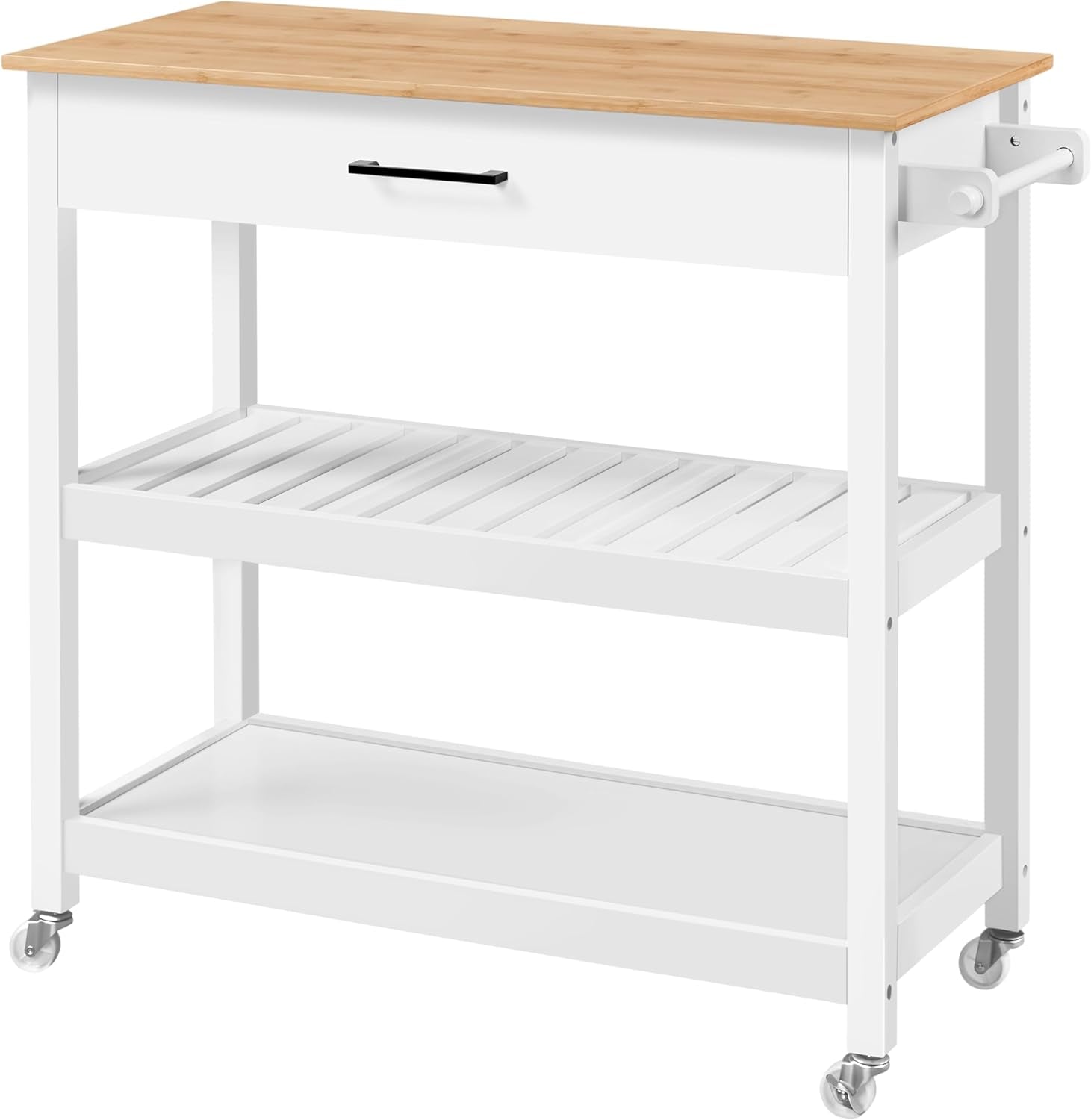 40" Width Kitchen Island Cart on Wheels, 3 Tiers Rolling Utility Cart with Solid Wood Top and Drawer & 2 Spacious Storage Shelf, Serving Trolley for Dining Room, White
