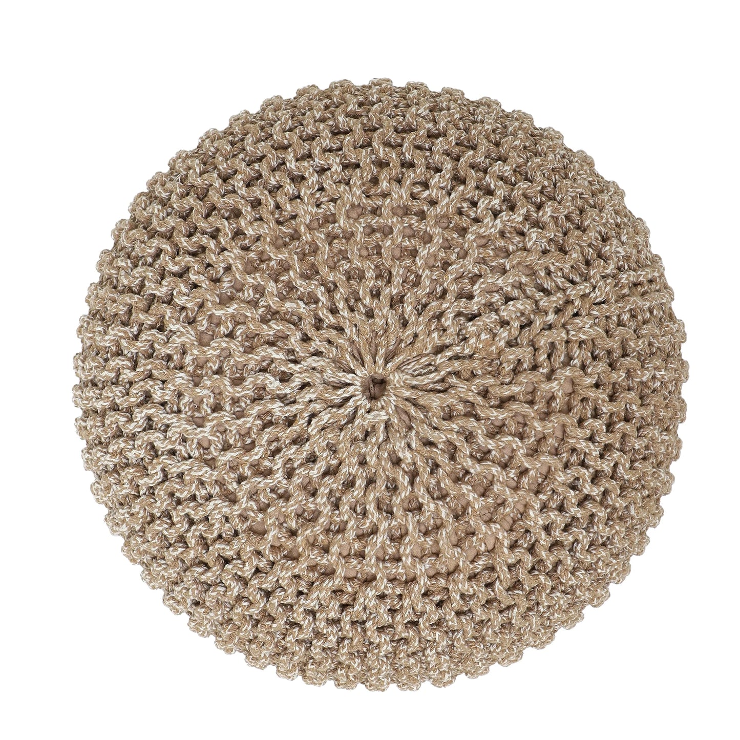 round Pouf Foot Stool Bean Bag Ottoman - Knit Braided Cord Boho Pouffe Poof Accent Beanbag Chair Footrest for the Living Room, Bedroom, Nursery, Patio, Lounge 19.5X19.5X14; Beige Ivory