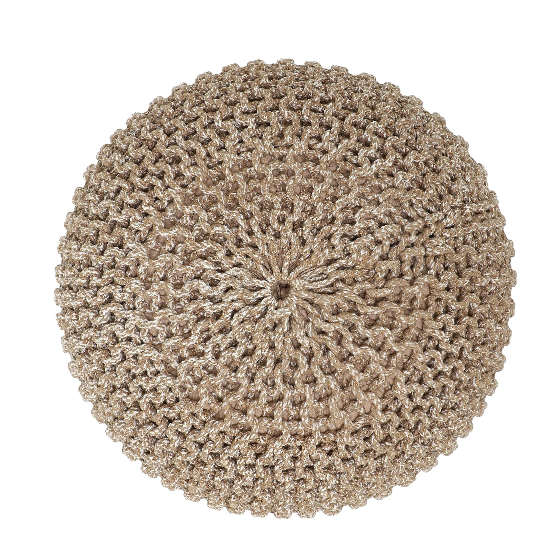 round Pouf Foot Stool Bean Bag Ottoman - Knit Braided Cord Boho Pouffe Poof Accent Beanbag Chair Footrest for the Living Room, Bedroom, Nursery, Patio, Lounge 19.5X19.5X14; Beige Ivory