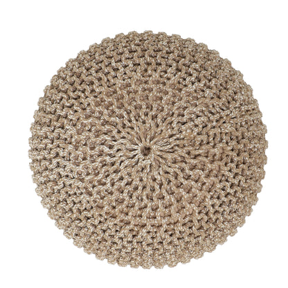 round Pouf Foot Stool Bean Bag Ottoman - Knit Braided Cord Boho Pouffe Poof Accent Beanbag Chair Footrest for the Living Room, Bedroom, Nursery, Patio, Lounge 19.5X19.5X14; Beige Ivory