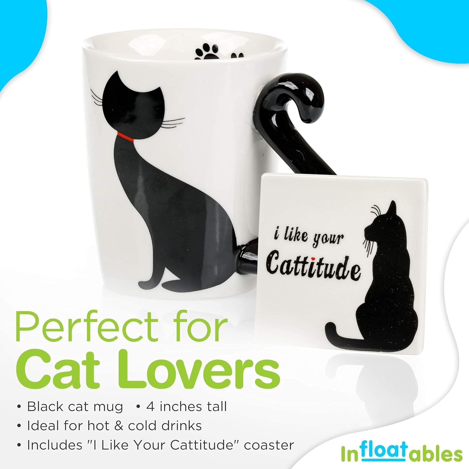 Cat Mug and Coaster Set - Little Black Cat Mug with Ceramic Coaster - 3D Novelty Coffee Mug with Tail Cat Handle - Cute Birthday Gift