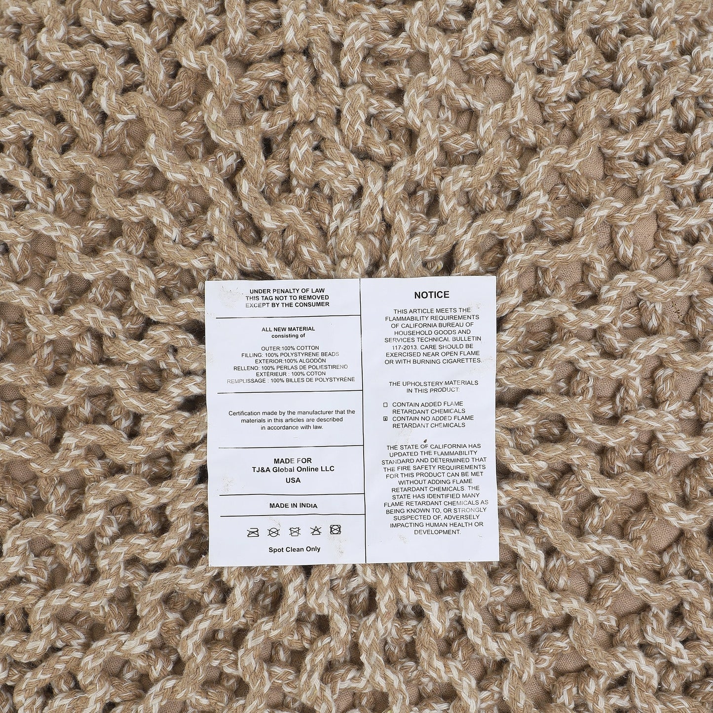 round Pouf Foot Stool Bean Bag Ottoman - Knit Braided Cord Boho Pouffe Poof Accent Beanbag Chair Footrest for the Living Room, Bedroom, Nursery, Patio, Lounge 19.5X19.5X14; Beige Ivory